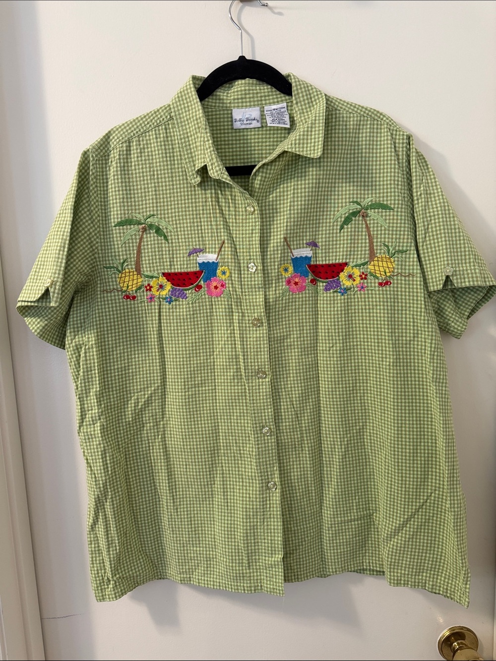 VTG Grannycore Teacher Green Gingham Tropical Embroidered Cotton Shirt Sz 18W